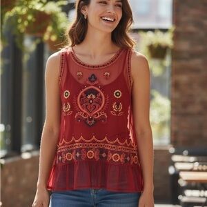 Embroidered Red-Orange Sleeveless Top